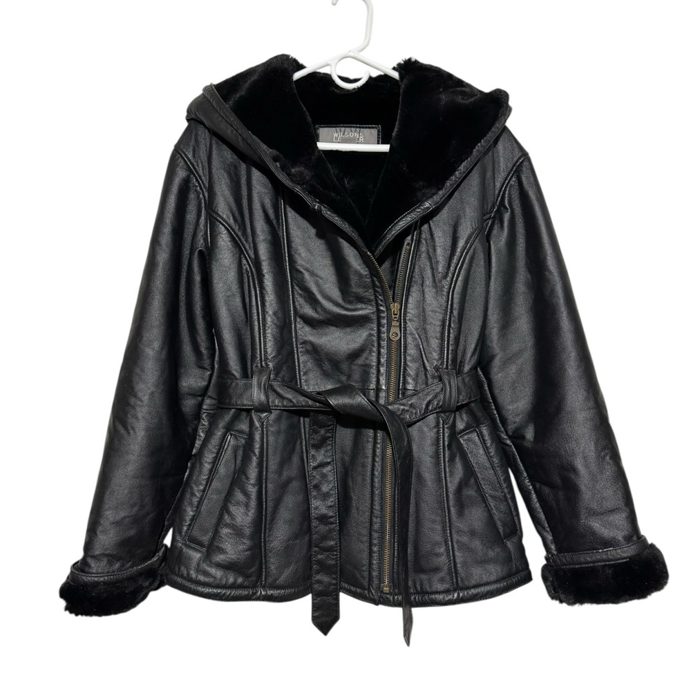 Wilson’s Leather Black Leather Faux Fur Coat Women Size S Hooded Belted Mobwife
